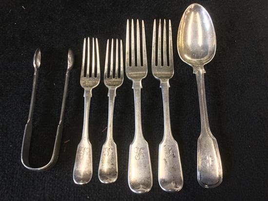 4 x silver forks, a spoon and a pair of tongs